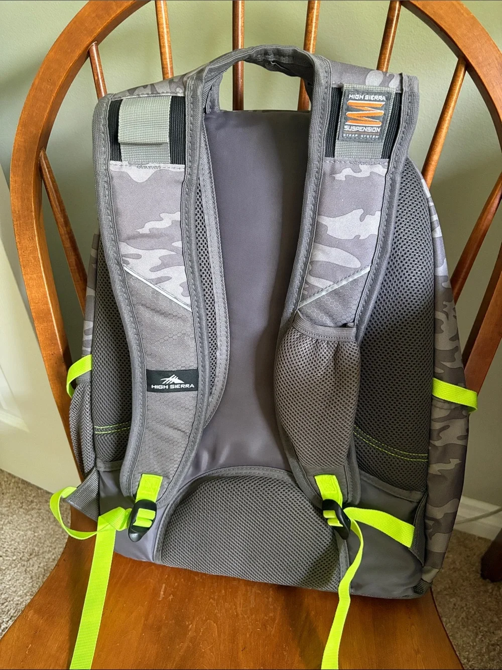 High Sierra Gray Camo Backpack with Neon Yellow Accents, Like New!